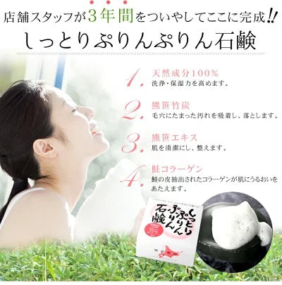 【3人シェア買いでお得】登別温泉 しっとりぷりんぷりん石鹸１００ｇ  熊笹 茶エキス 熊笹竹炭 鮭コラーゲン アンチエイジング ニキビ 全身 洗顔