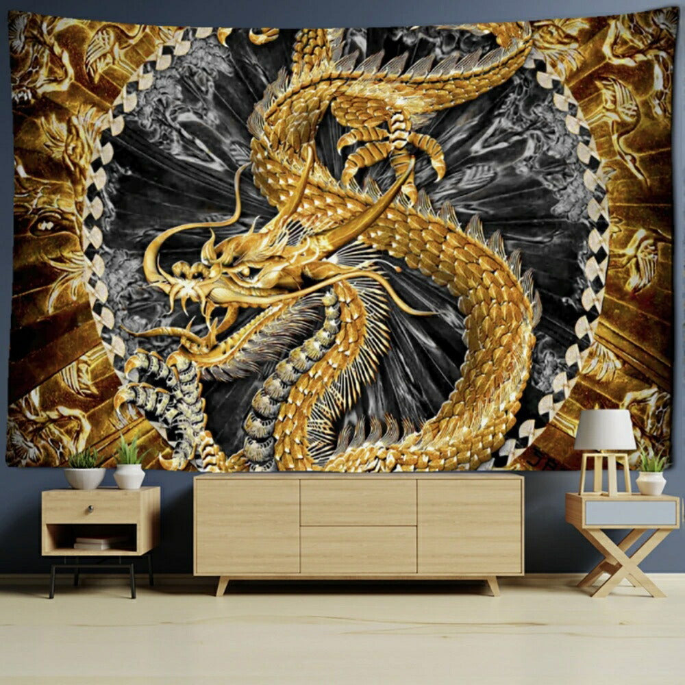 風水 タペストリー 黄金龍 ドラゴン 150×100竜 絵 ポスター 玄関 ウォールデコ ウォールデコレーション 絵 ウォールアート モダンアート 龍の飾り 壁 金竜 金龍 ドラゴン 壁掛け モダン デザイン おしゃれ アイテム 龍神 プレゼント