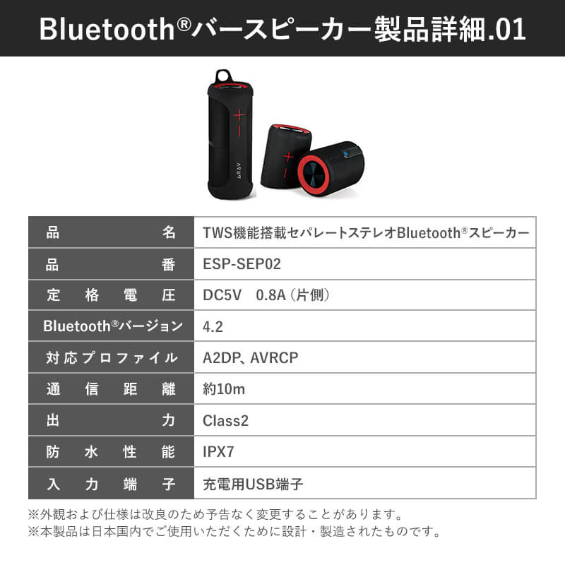 TWS機能搭載 セパレートステレオ Bluetoothスピーカー ESP-SEP01