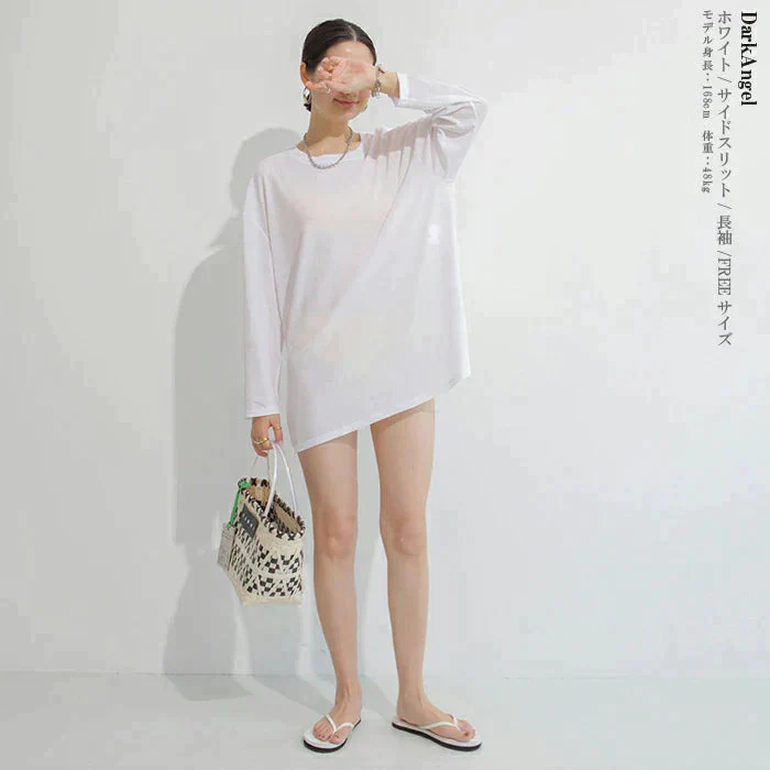 （ホワイト/長袖/FREEサイズ）シアーロングスリーブサイドスリットTシャツ【ゲリラセール】