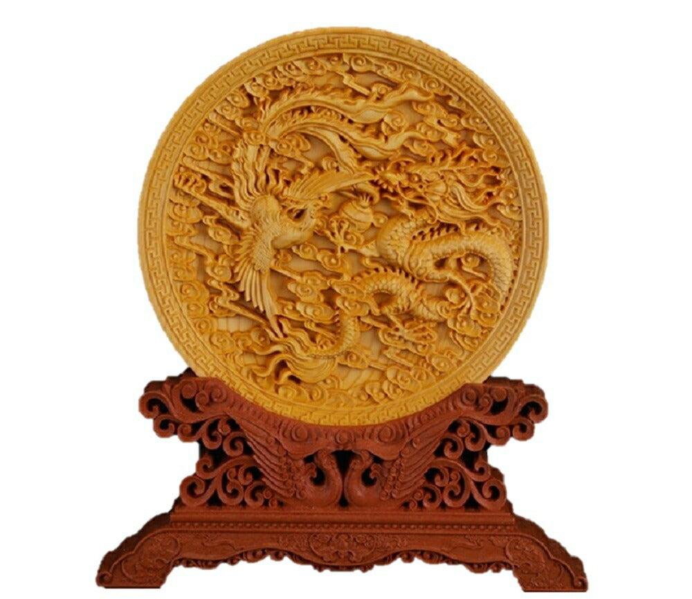龍 鳳凰 皿 極上彫り【お皿型龍神＆鳳凰彫り】直径約145mm 台付き 木彫り 龍神＆鳳凰 風水 インテリア 彫刻 仏像 縁起物 祈る 開運 スピリチュアル プレゼント 贈り物 ギフト お土産 お守り 置物 飾り 丸型 ドラゴン 鳥 神鳥 ウッド 刻印