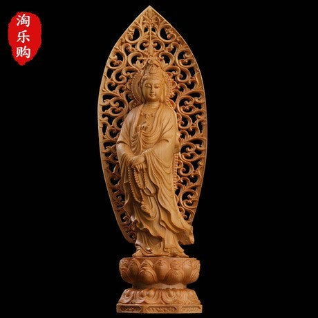 透かし背景 数珠 観音像 観音菩薩 立像 木彫り 仏像 置物 仏壇仏像 高級天然ツゲ木彫り 透かし彫り唐草光背 風水 置物  供養品 観音菩薩立像