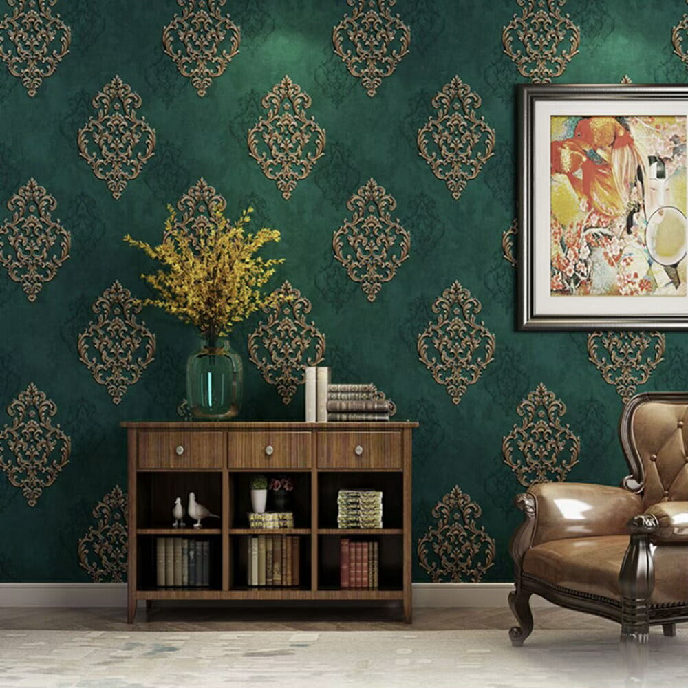 壁紙 ダマスク柄 グリーン 緑 53cm×1000cm シールタイプ DIY 模様替え かわいい damask クロス 補修 ラグジュアリー 北欧 賃貸壁紙 背景 プレゼント シンプル ベッドルーム リビング 防音 リメイク リフォーム シート