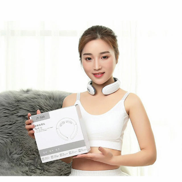 ホワイト ネックマッサージャー 粘着パッド EMS ヒートネック 首 肩 マッサージ マッサージャー USB充電式 男女兼用 母の日 ギフト プレゼント 軽量 首こり 頭痛 温め 緩和 改善 ほぐし 解消 リラックス 癒し 自宅
