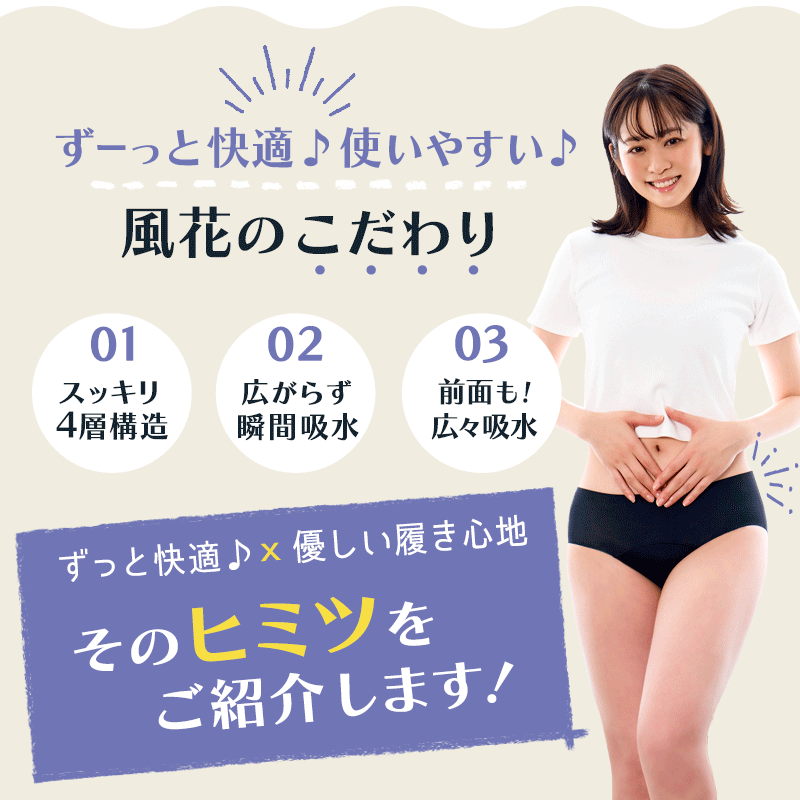 【羽ポケット付き】吸水型サニタリーショーツ 風花 Lサイズ 黒