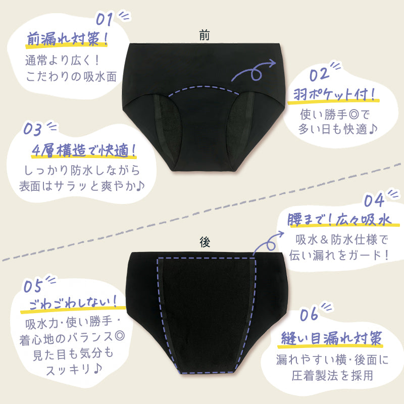 【羽ポケット付き】吸水型サニタリーショーツ 風花 XXLサイズ 黒