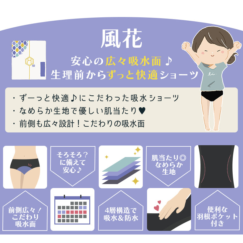 【羽ポケット付き】吸水型サニタリーショーツ 風花 Lサイズ 黒