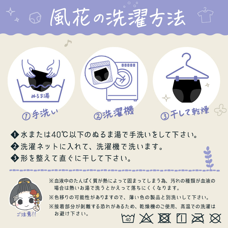 【羽ポケット付き】吸水型サニタリーショーツ 風花 Sサイズ 黒
