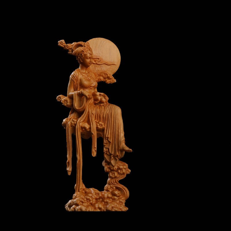 月の神 嫦娥 中秋 置物 木彫り 天女像 中国神話人物 手作り 美術品 中秋の贈り物    かぐや姫 彫刻 兎 月見 満月 風水