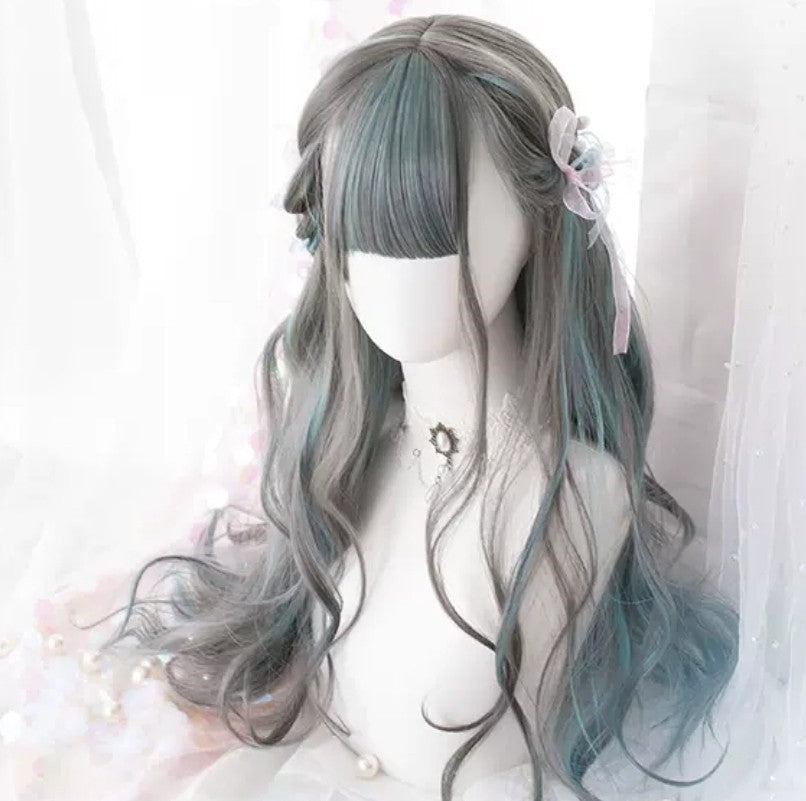 シルバー　グリーンメッシュ　フルウィッグ 自然 軽量 ミックス 小顔効果 ナチュラル 姫カット かわいい 綺麗 髪 ストレート 原宿系 ハロウィン コスプレ エクステ 耐熱 wig コミケ 夏コミ