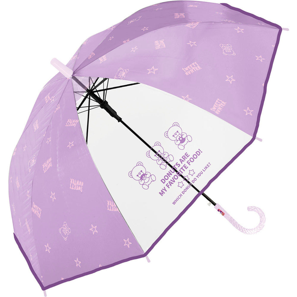 【ドーナツラブベアPURPLE】 傘 キッズ 55cm 女の子 通販 子供用 ジャンプ ワンタッチ 55 55センチ ジャンプ傘 おしゃれ オシャレ かわいい 可愛い ゆめかわ 透明傘 透明窓 透明コマ 小学生 通学 登校 こども傘