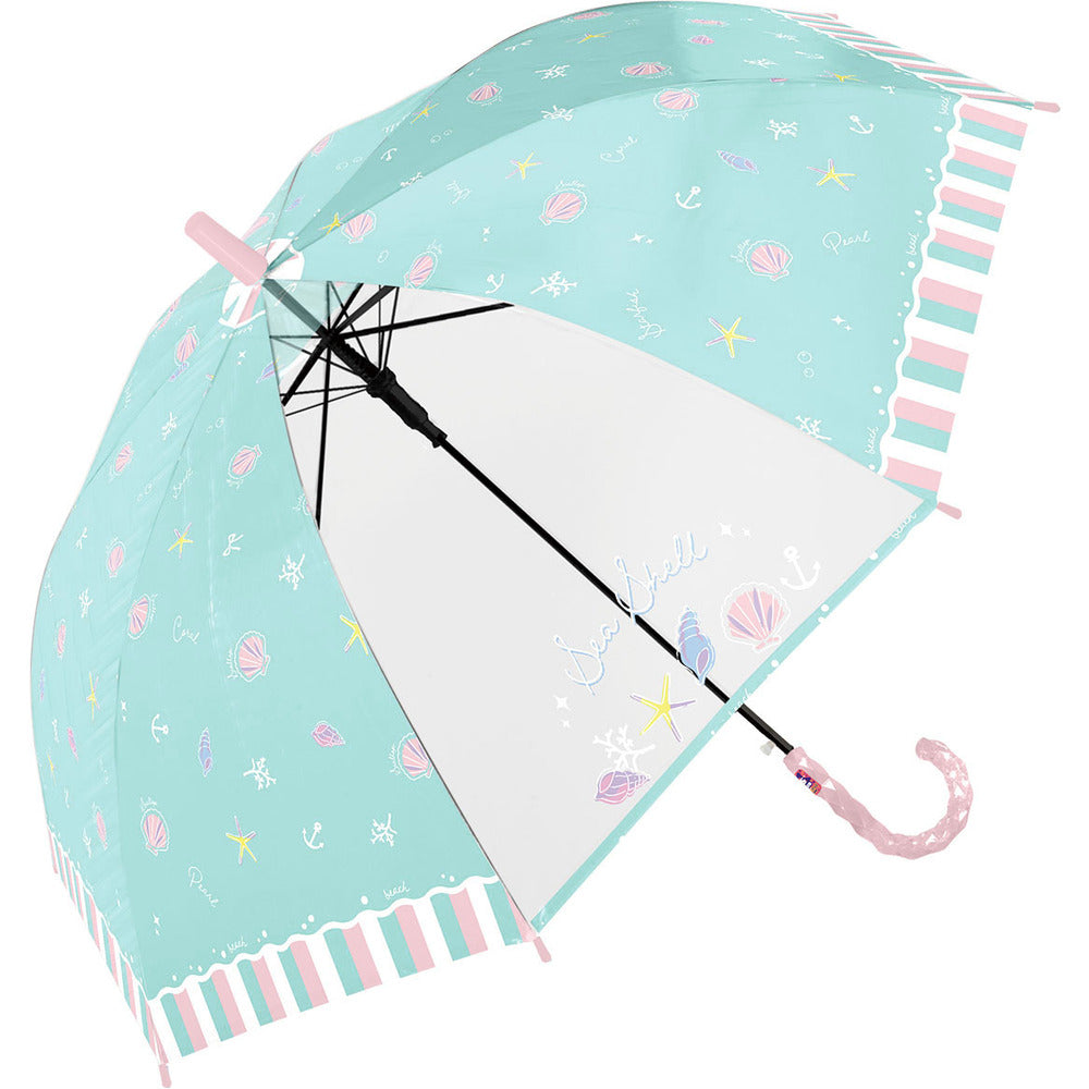 【シャイニーマリンMINT・傘】 傘 キッズ 55cm 女の子 通販 子供用 ジャンプ ワンタッチ 55 55センチ ジャンプ傘 おしゃれ オシャレ かわいい 可愛い ゆめかわ 透明傘 透明窓 透明コマ 小学生 通学 登校 こども傘