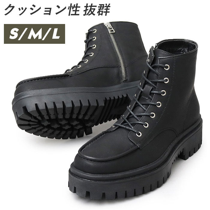 【BLACK・Lサイズ(27.0-27.5cm)】 glabella グラベラ ワークブーツ メンズ 通販 ブーツ ショートブーツ ジッパーブーツ 超厚底 ジッパー ジップ レースアップ ヒール高め 5cm サイドジップ 脱ぎ履き 簡単 デザイン モード