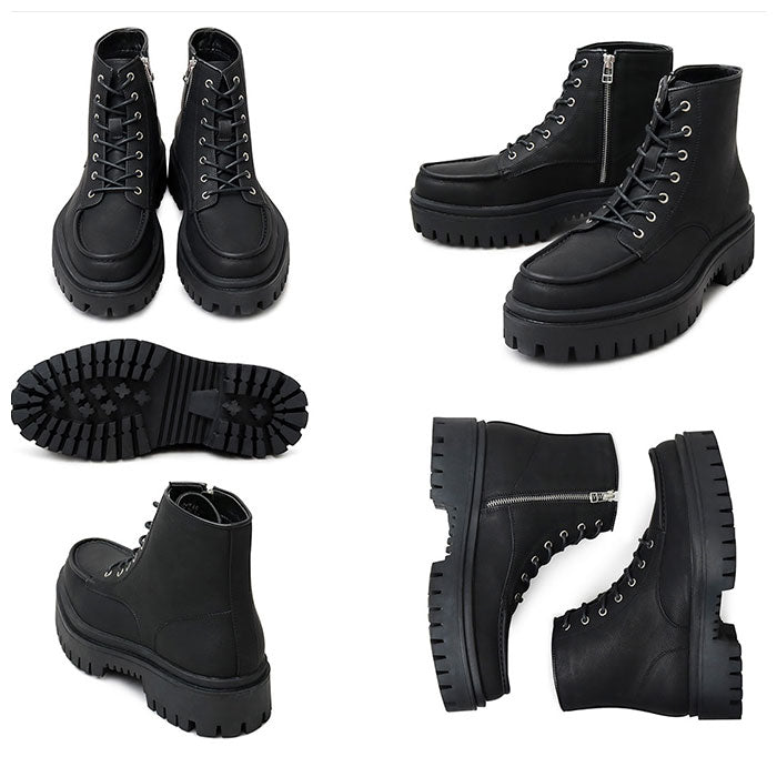 【BLACK・Lサイズ(27.0-27.5cm)】 glabella グラベラ ワークブーツ メンズ 通販 ブーツ ショートブーツ ジッパーブーツ 超厚底 ジッパー ジップ レースアップ ヒール高め 5cm サイドジップ 脱ぎ履き 簡単 デザイン モード