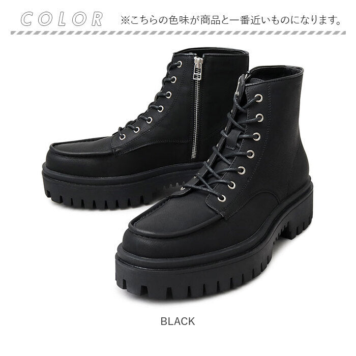 【BLACK・Lサイズ(27.0-27.5cm)】 glabella グラベラ ワークブーツ メンズ 通販 ブーツ ショートブーツ ジッパーブーツ 超厚底 ジッパー ジップ レースアップ ヒール高め 5cm サイドジップ 脱ぎ履き 簡単 デザイン モード