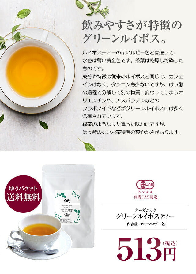 オーガニック グリーン・ルイボスティー　ティーバッグ 10包  有機JAS m3 【送料無料】 【 ノンカフェイン ゼロカロリー ハーブティー お茶 緑茶 ティーバック ティーパック マタニティ 妊活 グリーンルイボスティー 】