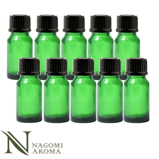 遮光ビン10ml（グリーン）10本セット黒キャップ＆ヴァーティカルドロッパー 【 遮光瓶 ガラス瓶 薬瓶 保存 アロマオイル エッセンシャルオイル精油 キャリアオイル フレグランスオイル 香水 手作り コスメ ハンドメイド 蓋付 茶色 】