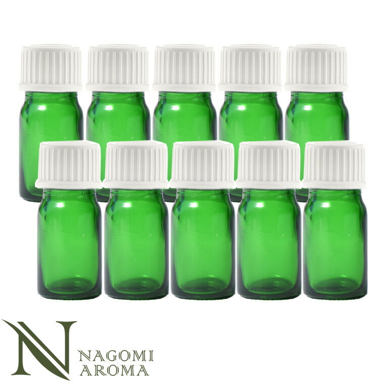 遮光ビン5ml（グリーン）10本セット白キャップ＆ヴァーティカルドロッパー 【 遮光瓶 ガラス瓶 薬瓶 保存 アロマオイル エッセンシャルオイル精油 キャリアオイル フレグランスオイル 香水 手作り コスメ ハンドメイド 蓋付 茶色 】