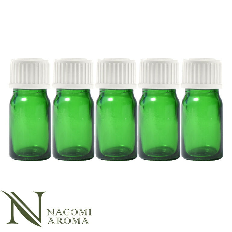 遮光ビン5ml（グリーン）5本セット白キャップ＆ヴァーティカルドロッパー 【 遮光瓶 ガラス瓶 薬瓶 保存 アロマオイル エッセンシャルオイル精油 キャリアオイル フレグランスオイル 香水 手作り コスメ ハンドメイド 蓋付 茶色 】