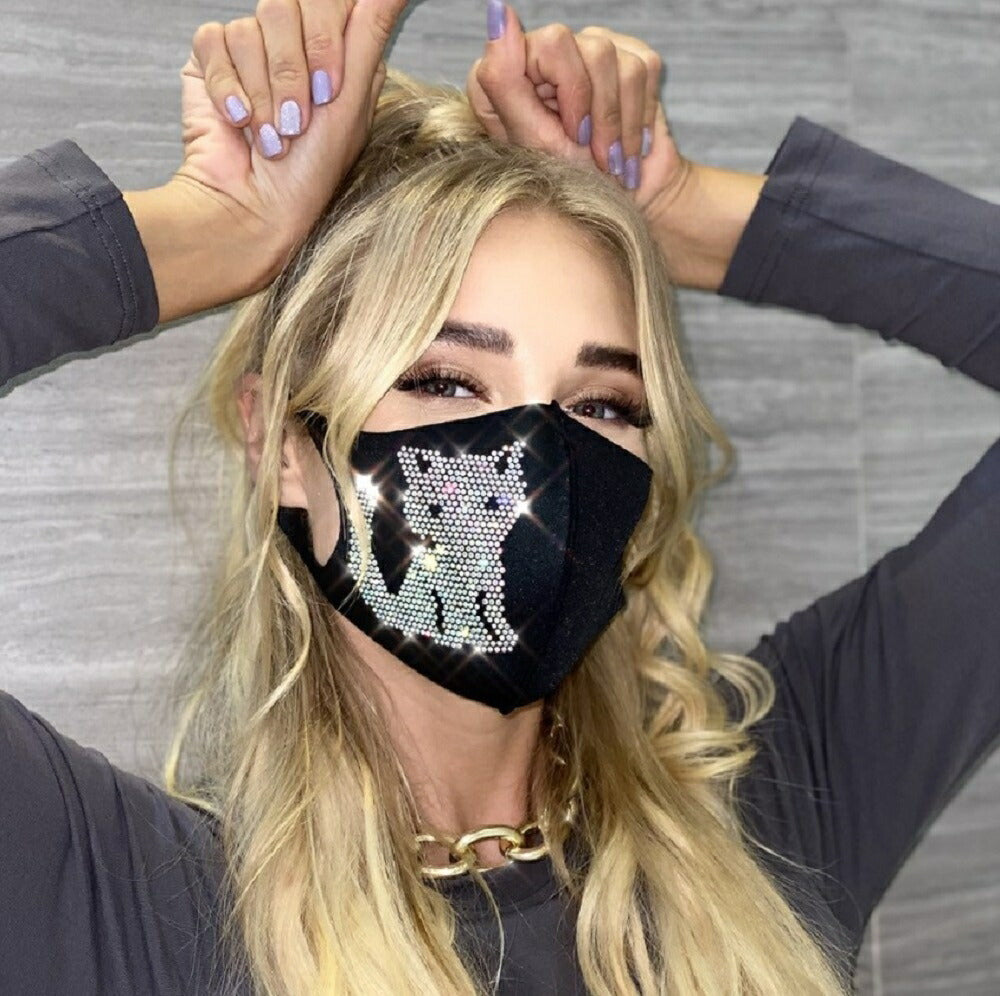 マスク 猫 ネコ キャット ジルコニア マスク ファッションマスク キラキラ ラインストーン ストーン 黒マスク ブラックマスク 洗えるマスク ラグジュアリー ジュエリー おしゃれ 伸縮性 エコマスク 快適 フィット かわいい 可愛い レディース メンズ 男性用 女性用 ブラック