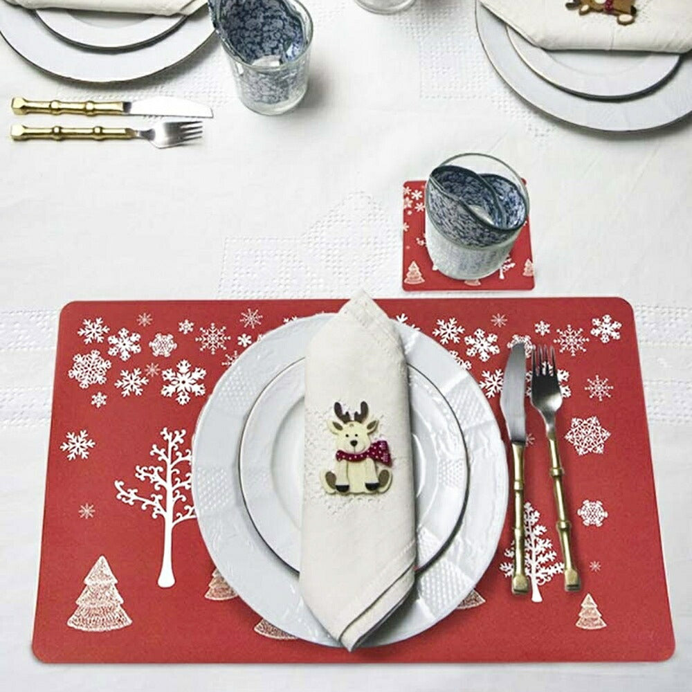 クリスマス 赤 ランチョンマット 6枚セット コースター6枚付き サンタ クリスマスカラー ディナー 食事 ランチ テーブル デコレーション クリスマスツリー ツリー 誕生日 飾り付け 盛り付け 室内 装飾 クリスマス用品