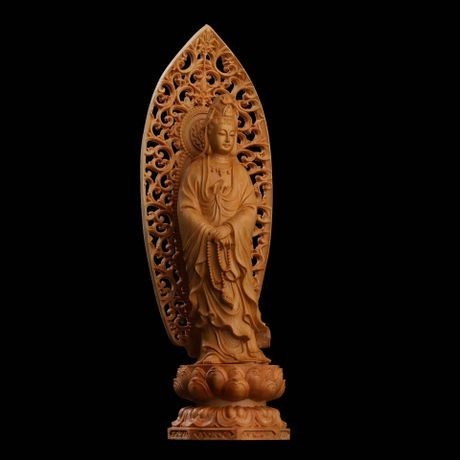 透かし背景 数珠 観音像 観音菩薩 立像 木彫り 仏像 置物 仏壇仏像 高級天然ツゲ木彫り 透かし彫り唐草光背 風水 置物  供養品 観音菩薩立像