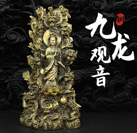 特大サイズ 九龍観音像 観音菩薩像 中国神話 竜生九子 仏像 縁起物 祈る スピリチュアル プレゼント 贈り物 ギフト お土産 お守り 開運厄除　祈願成就　ドラゴン 置物 風水 アイテム 龍 竜 龍神 パワースポット 真鍮 金運 財産運 出世運 恋愛運