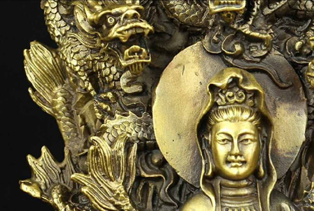 特大サイズ 九龍観音像 観音菩薩像 中国神話 竜生九子 仏像 縁起物 祈る スピリチュアル プレゼント 贈り物 ギフト お土産 お守り 開運厄除　祈願成就　ドラゴン 置物 風水 アイテム 龍 竜 龍神 パワースポット 真鍮 金運 財産運 出世運 恋愛運
