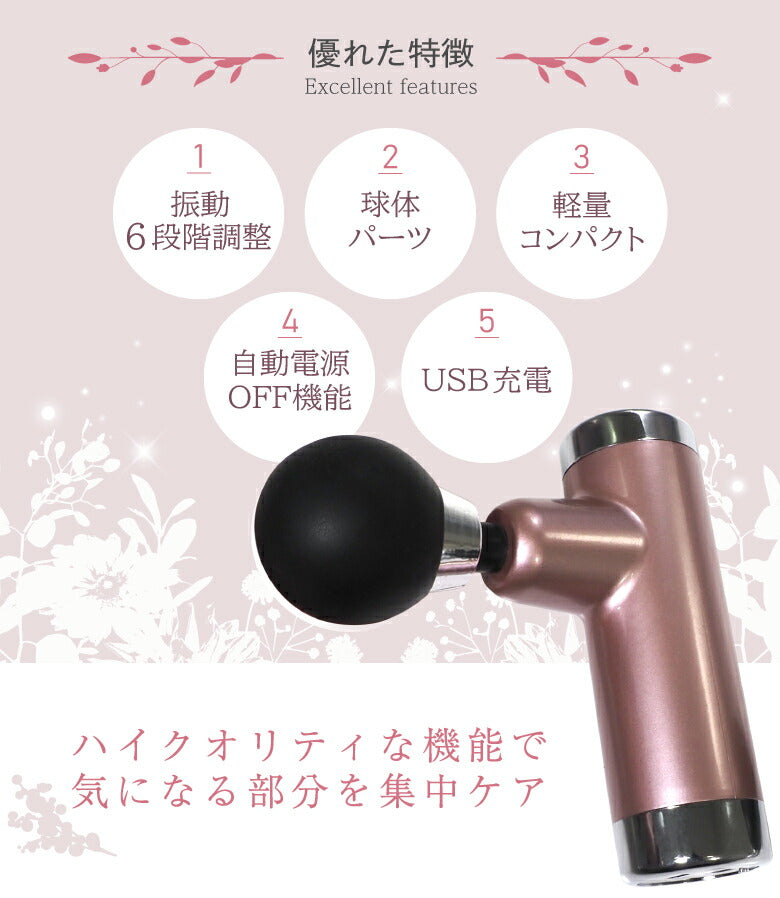 【シャインシルバー】マッサージガン ミニ 軽量 筋膜リリース 電動マッサージャー mini 筋肉疲労 肩 腰 むくみ コンパクト 全身ケア 6段階振動 マッサージ機器