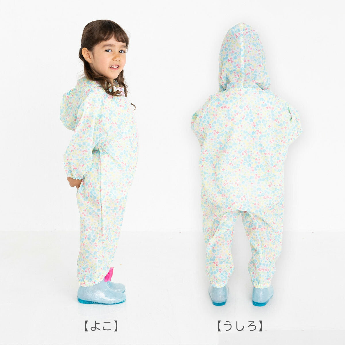 【100サイズxマリンブルー】レインコート キッズ プレイウェア 80cm 90cm 100cm レインロンパース 長袖 幼児 子供用 撥水 子供 子ども こども 1歳 2歳 3歳 砂場着 遊び着  雨 上下 つなぎ 前開き 前身ファスナー レインパーカー 女の子 男の子 ロンパース フード 登園 保育園 幼稚園 送料無料