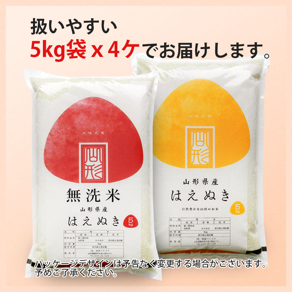 【限定クーポンで20%OFF】はえぬき 玄米 20kg (5kg×4袋) 山形県産 令和3年産 送料無料 20キロ 米 こめ コメ お米 新米
