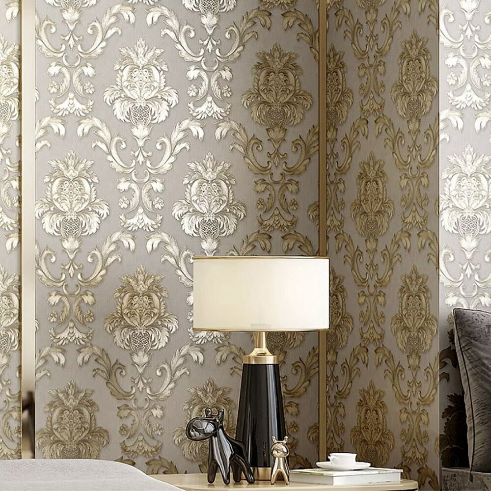 壁紙 ダマスク柄 オフホワイト ゴールド 53cm×1000cm のりなしタイプ DIY 模様替え かわいい damask クロス 補修 ラグジュアリー 北欧 賃貸壁紙 背景 プレゼント シンプル ベッドルーム リビング 防音 リメイク リフォーム