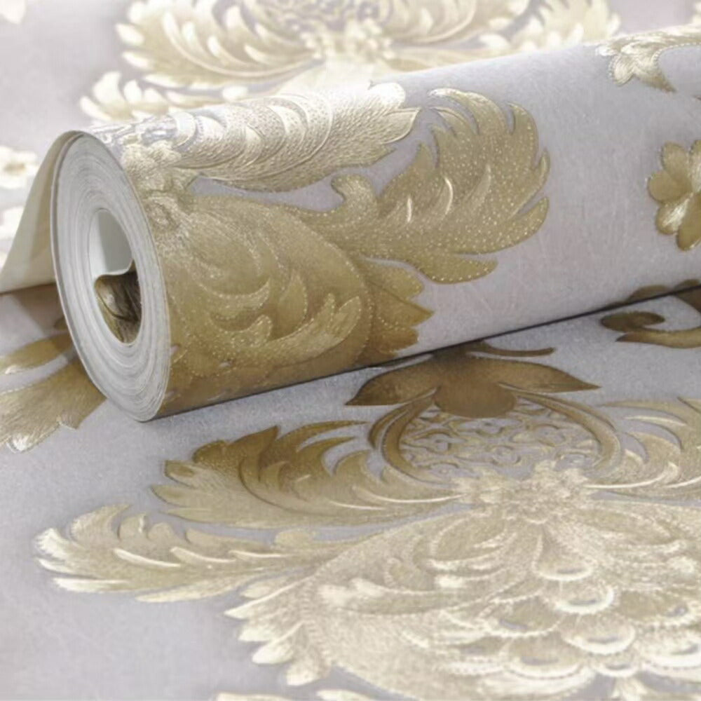 壁紙 ダマスク柄 オフホワイト ゴールド 53cm×1000cm のりなしタイプ DIY 模様替え かわいい damask クロス 補修 ラグジュアリー 北欧 賃貸壁紙 背景 プレゼント シンプル ベッドルーム リビング 防音 リメイク リフォーム