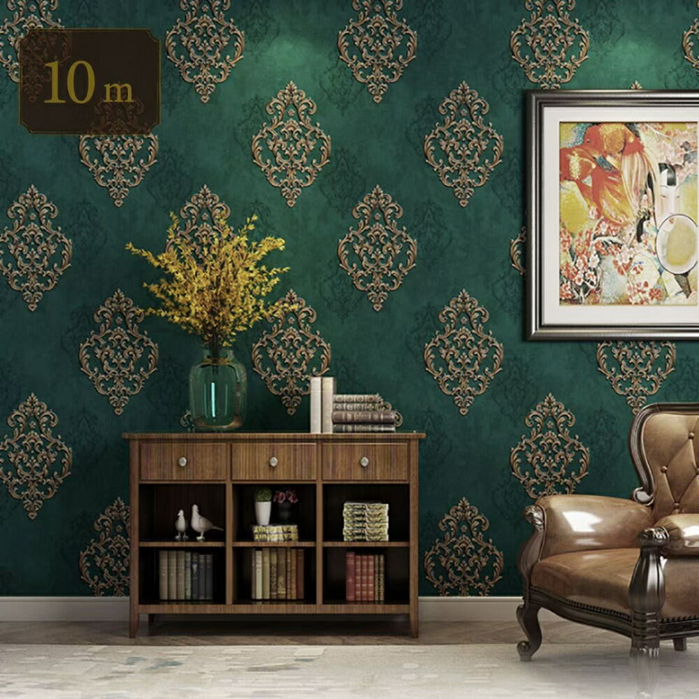 壁紙 ダマスク柄 グリーン 緑 53cm×1000cm シールタイプ DIY 模様替え かわいい damask クロス 補修 ラグジュアリー 北欧 賃貸壁紙 背景 プレゼント シンプル ベッドルーム リビング 防音 リメイク リフォーム シート