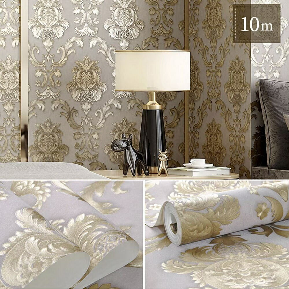壁紙 ダマスク柄 オフホワイト ゴールド 53cm×1000cm のりなしタイプ DIY 模様替え かわいい damask クロス 補修 ラグジュアリー 北欧 賃貸壁紙 背景 プレゼント シンプル ベッドルーム リビング 防音 リメイク リフォーム