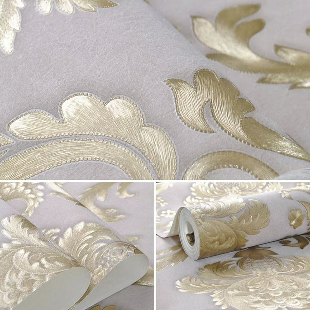 壁紙 ダマスク柄 オフホワイト ゴールド 53cm×1000cm のりなしタイプ DIY 模様替え かわいい damask クロス 補修 ラグジュアリー 北欧 賃貸壁紙 背景 プレゼント シンプル ベッドルーム リビング 防音 リメイク リフォーム