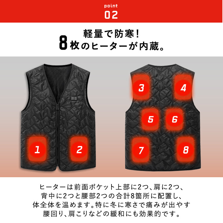 【Lサイズ】ヒーターベスト インナー 電熱ベスト  8枚内蔵  男女兼用 htvs-004