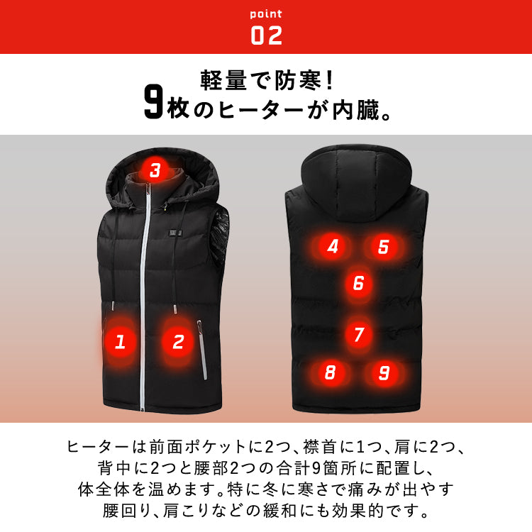 【2XLサイズ】ヒーターベスト フード付き 電熱ベスト  9枚内蔵  男女兼用 htvs-005