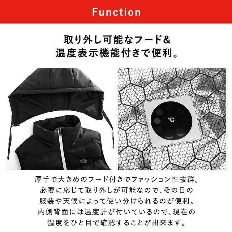 【2XLサイズ】ヒーターベスト フード付き 電熱ベスト  9枚内蔵  男女兼用 htvs-005