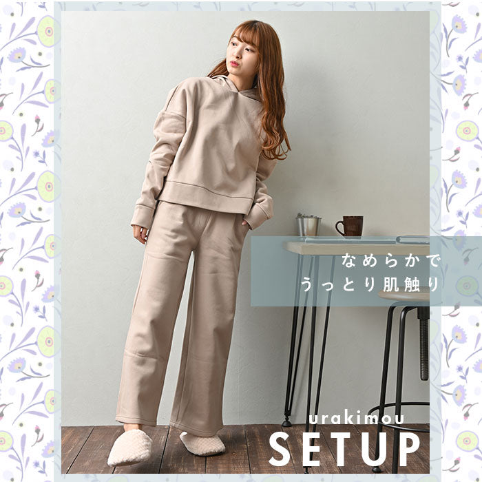 【モカ・M-L】 レディース ルームウェア 上下セット 長袖 通販 ワイドパンツ 長ズボン プルオーバー パーカー フーディ パジャマ 冬 秋冬 スウェット 上下 おしゃれ シンプル 無地 カジュアル 裏起毛