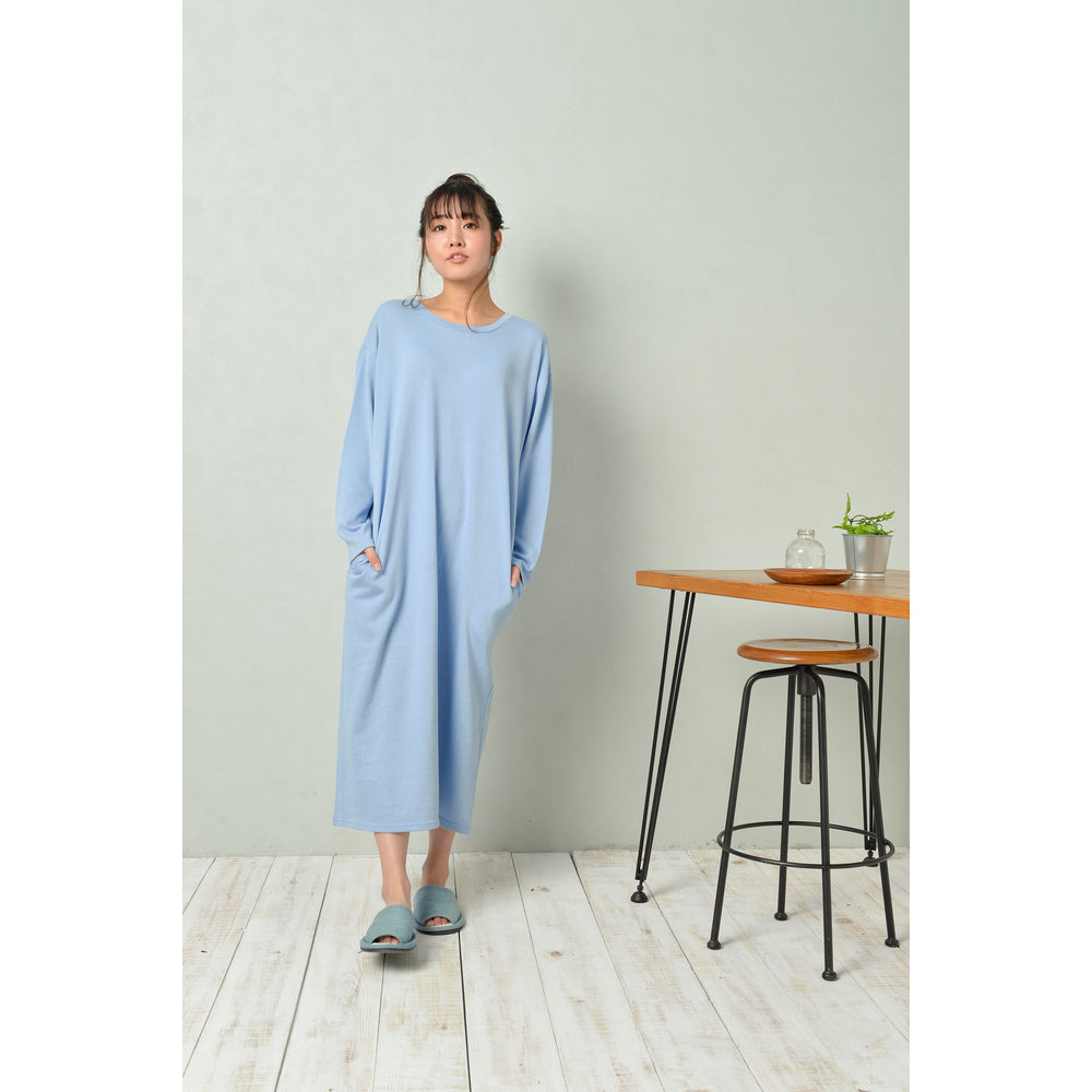 【サックス・L-LLサイズ】 ルームウェア ワンピース 長袖 通販 ラウンドネック ロングワンピース 部屋着 レディース おしゃれ かわいい パジャマ 春 夏 秋 冬 裏毛 ゆったり 春夏 秋冬 マキシ丈 ナイトウェア