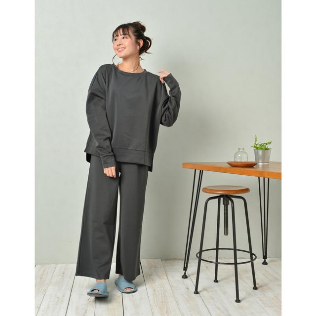 【チャコール・L-LLサイズ】 ルームウェア レディース 上下セット 通販 ワイドパンツ ダンボールニット 部屋着 レディース おしゃれ かわいい パジャマ 春 夏 秋 冬 パンツ 春夏 秋冬 M-Lサイズ L-LLサイズ