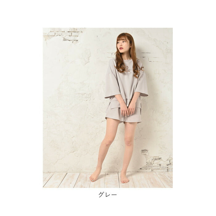【チャコール・M-Lサイズ】 ルームウェア レディース 上下セット 通販 かわいい 大きいサイズ ゆったり 部屋着 セットアップ シンプル 7分袖 ショートパンツ 春 秋 夏 春夏 ショートパンツセットアップ HW8340