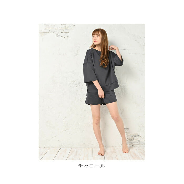 【チャコール・M-Lサイズ】 ルームウェア レディース 上下セット 通販 かわいい 大きいサイズ ゆったり 部屋着 セットアップ シンプル 7分袖 ショートパンツ 春 秋 夏 春夏 ショートパンツセットアップ HW8340