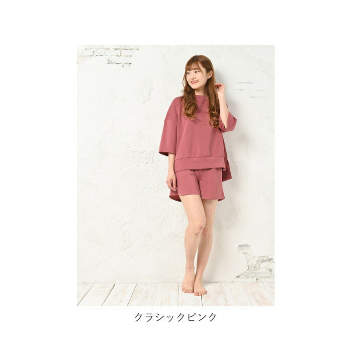 【チャコール・M-Lサイズ】 ルームウェア レディース 上下セット 通販 かわいい 大きいサイズ ゆったり 部屋着 セットアップ シンプル 7分袖 ショートパンツ 春 秋 夏 春夏 ショートパンツセットアップ HW8340