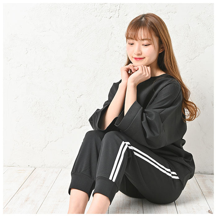 【モカ・L-LLサイズ】 ルームウェア レディース 上下セット 通販 かわいい 大きいサイズ ゆったり 部屋着 セットアップ シンプル 7分袖 ラインパンツ 春 秋 夏 春夏 ラインパンツセットアップ HW8343