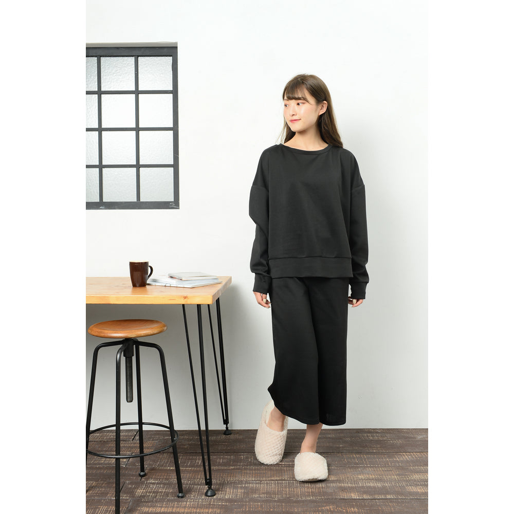【ブラック・M-L】 部屋着 セットアップ レディース 長袖 通販 ルームウェア 上下セット ガウチョパンツ 七分丈 7分丈 スウェット 上下 ルームウエア 大きいサイズ ゆったり 楽ちん らくちん カットソー