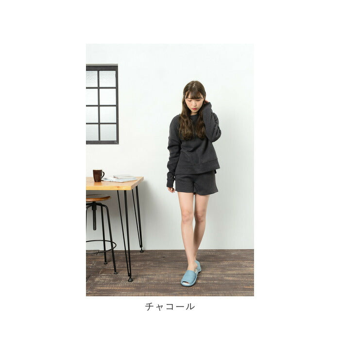 【チャコール・L-LL】 レディース ルームウェア 上下セット 長袖 通販 ショートパンツ ハーフパンツ プルオーバー トレーナー パジャマ 秋 冬 秋冬 スウェット 上下 おしゃれ シンプル 無地 カジュアル 裏起毛