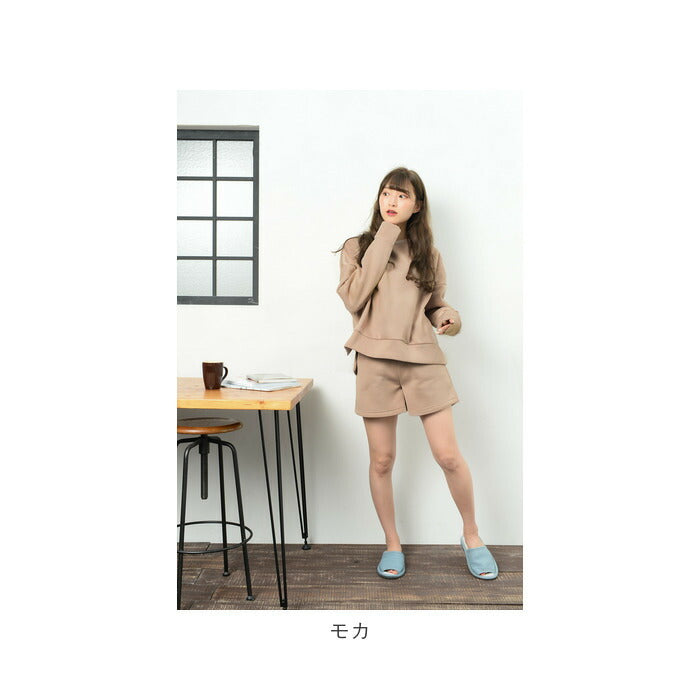 【チャコール・L-LL】 レディース ルームウェア 上下セット 長袖 通販 ショートパンツ ハーフパンツ プルオーバー トレーナー パジャマ 秋 冬 秋冬 スウェット 上下 おしゃれ シンプル 無地 カジュアル 裏起毛