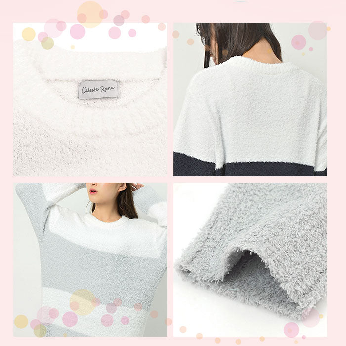 【パープル×ホワイト・M-L】 ルームウェア ワンピース 長袖 通販 秋 冬 秋冬 ゆったり ロング マキシ丈 ボーダー おしゃれ 大人 かわいい マキシワンピース マキシ丈ワンピース もこもこ ふわふわ あったか